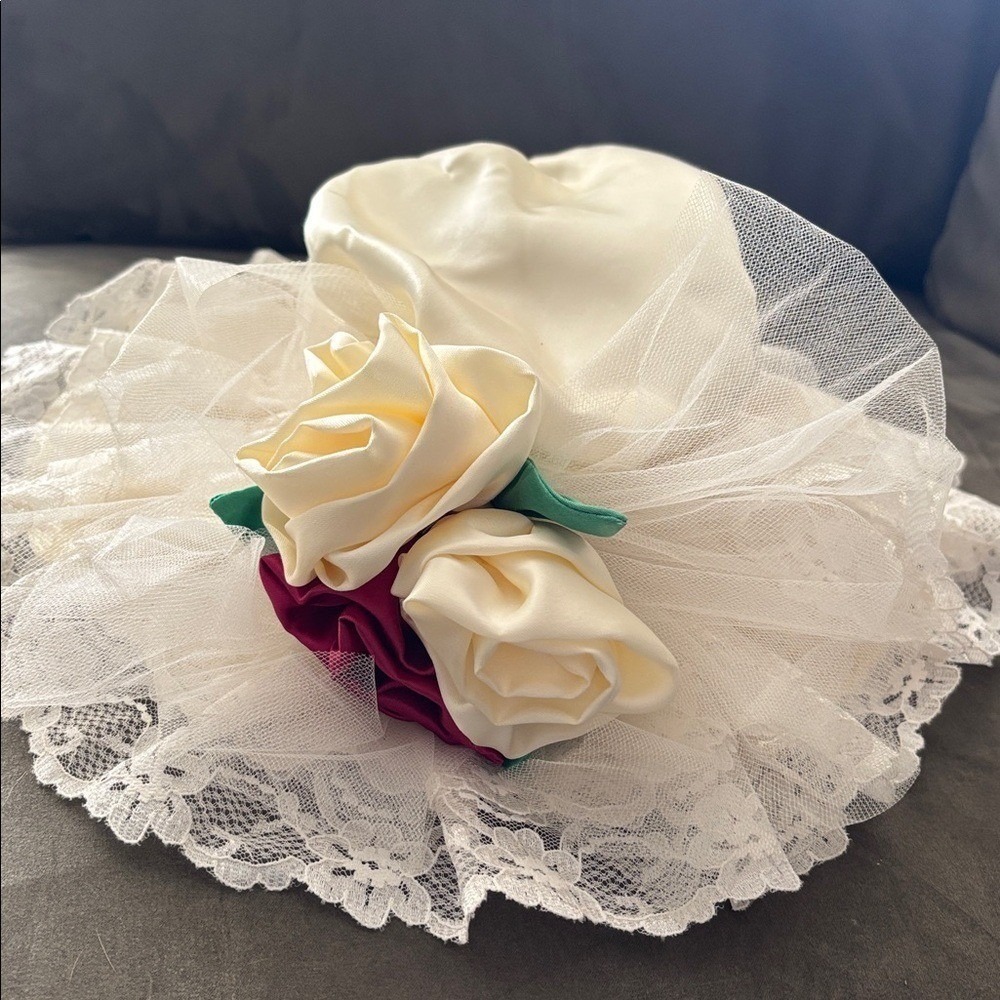 Vintage off White satin, lace and floral little girls hat
